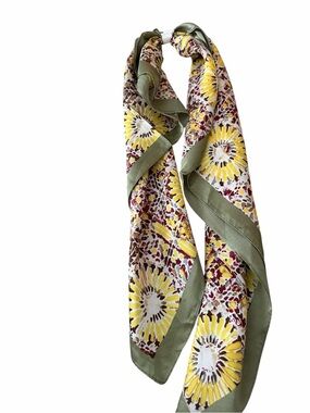Floral Print Silk Scarf in Yellow and Olive